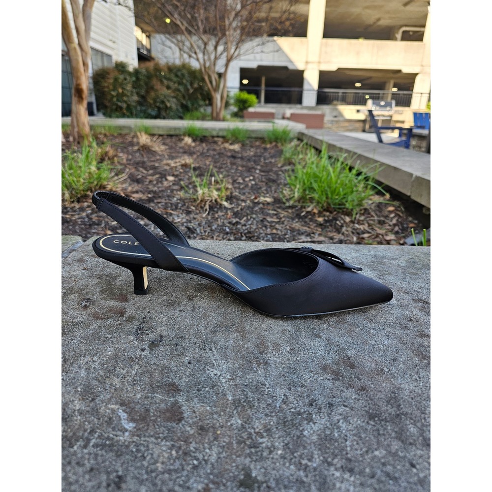 Cole Haan Noella Bow Sling Pump 9.5 Black Satin Kitten Heel Slingback NWB ~ - Picture 5 of 9
